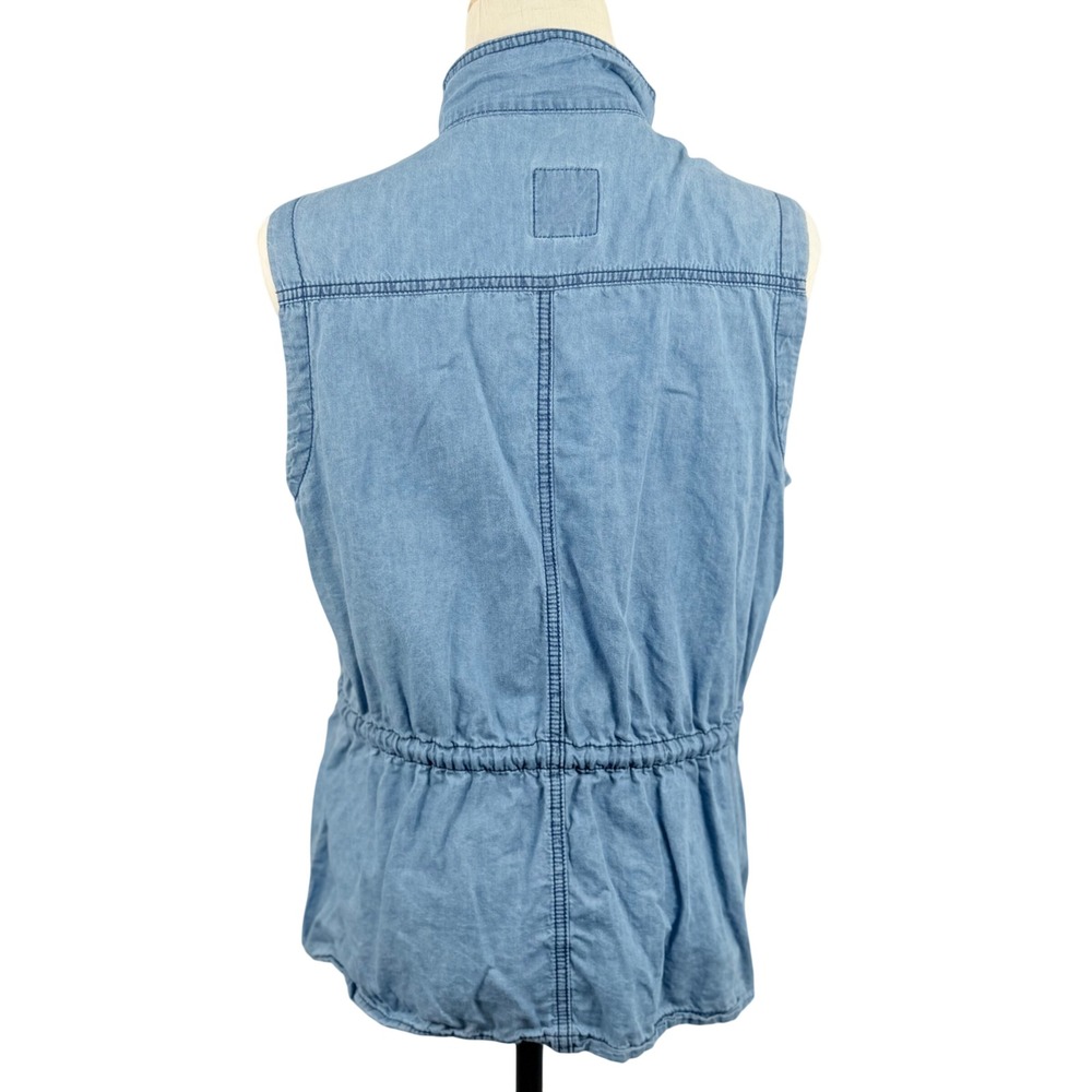 Chambray Denim L Utility Vest Eyelet Embroidery Cinched Waist Western Safari - Picture 3 of 9
